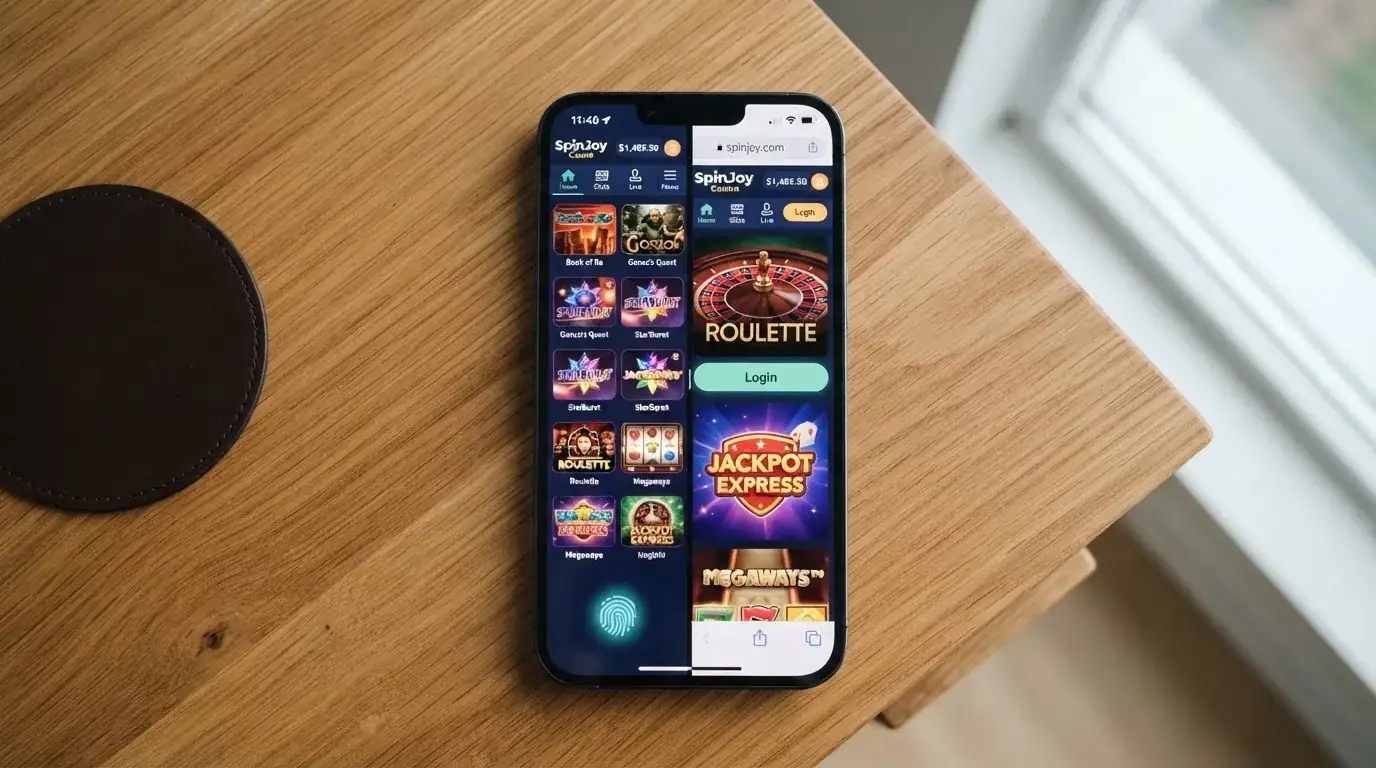Rozdělená obrazovka telefonu — vlevo nativní casino aplikace, vpravo casino v mobilním prohlížeči