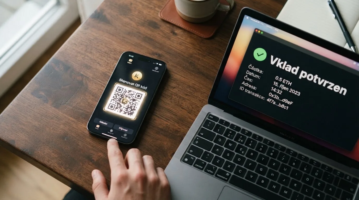 Mobilní telefon s otevřenou bitcoinovou peněženkou a QR kódem, vedle něj obrazovka casina s potvrzením vkladu