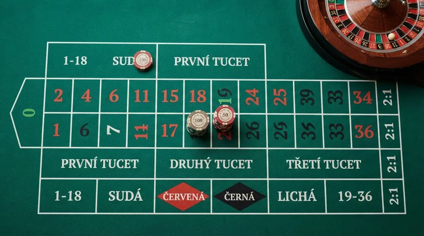 Detailní pohled na sázkové pole evropské rulety s vyznačenými typy vnitřních a vnějších sázek