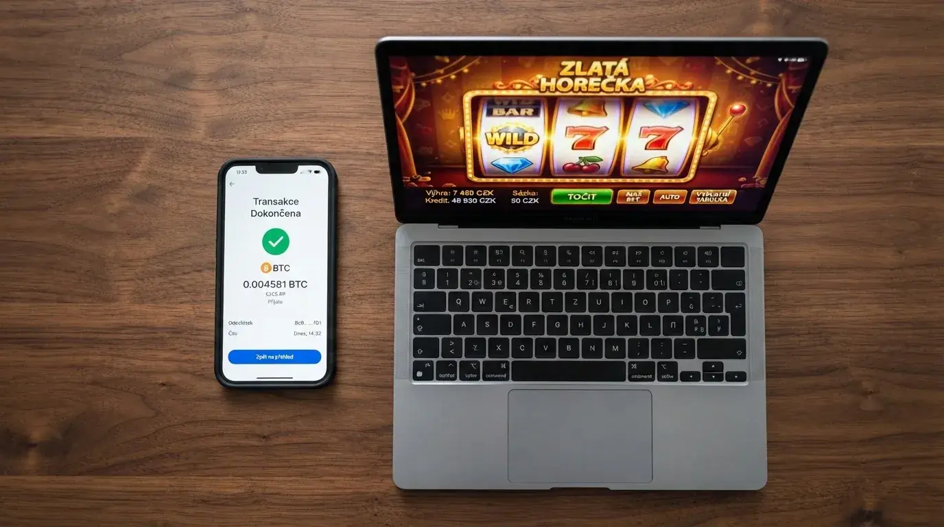 Mobilní telefon s otevřenou kryptoměnovou peněženkou, na displeji zobrazena transakce v BTC, vedle na stole položený notebook s logem online casina