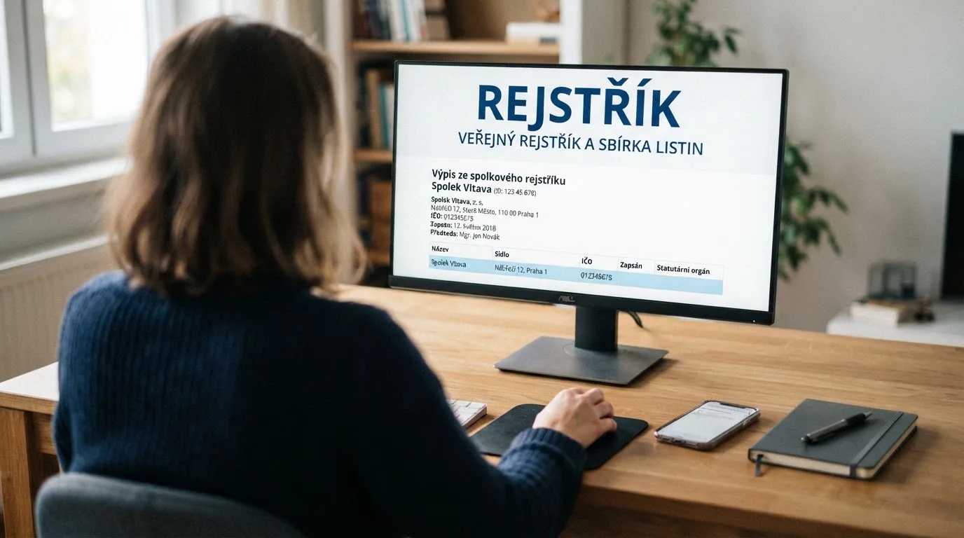 Výřez z veřejného registru MF ČR na monitoru — detail řádku se základním povolením, vedle něj telefon zobrazující web s doménou .cz