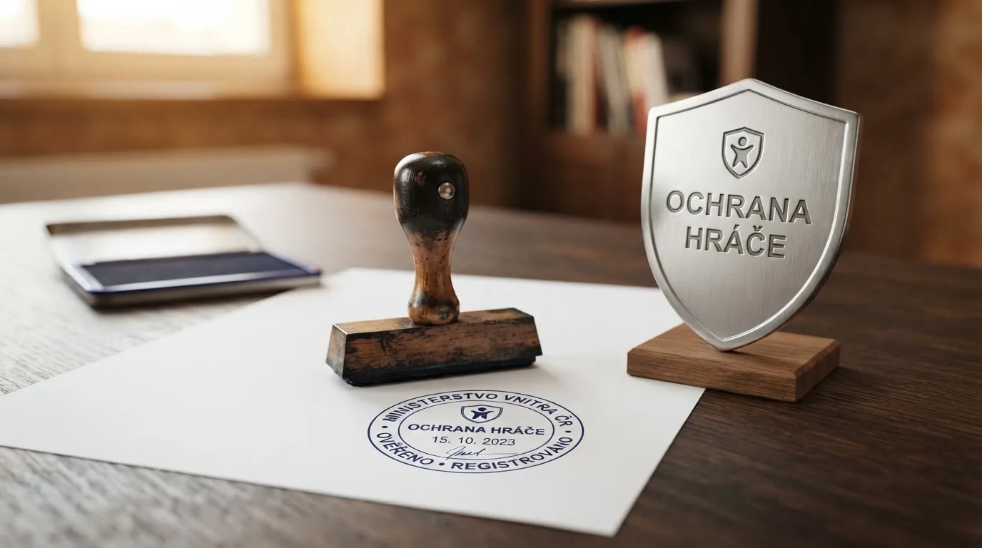 Úřední razítko Ministerstva financí České republiky vedle symbolu štítu s nápisem ochrana hráče