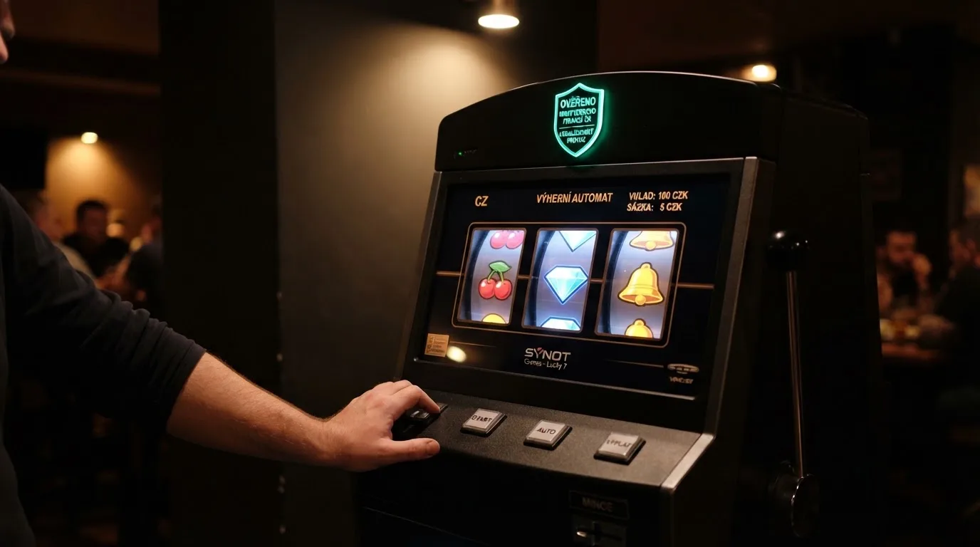 Úřední dokument s razítkem Ministerstva financí ČR položený na pozadí herního rozhraní automatu