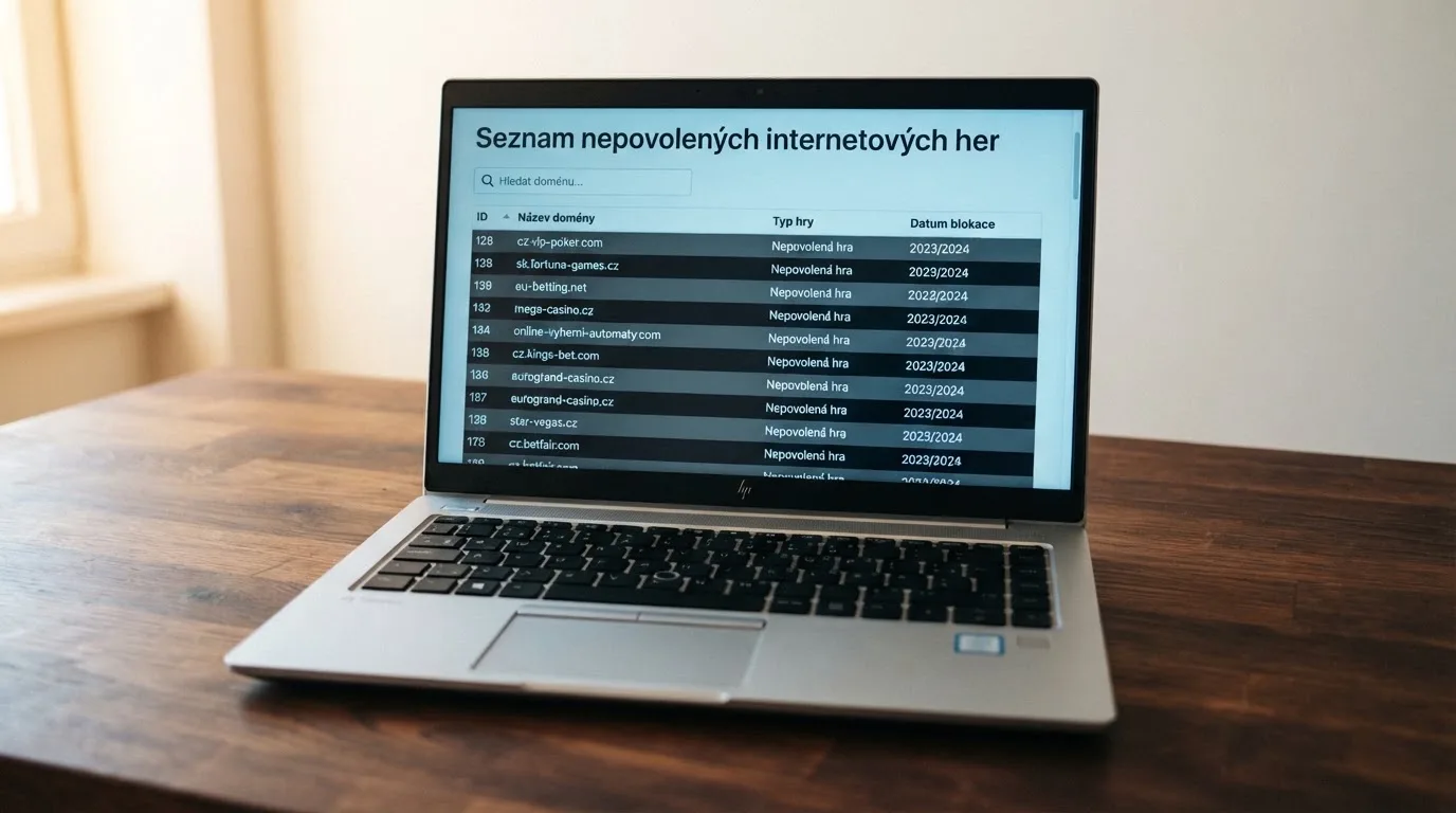 Úřední dokument s razítkem Ministerstva financí ČR a výřez ze Seznamu nepovolených internetových her na monitoru