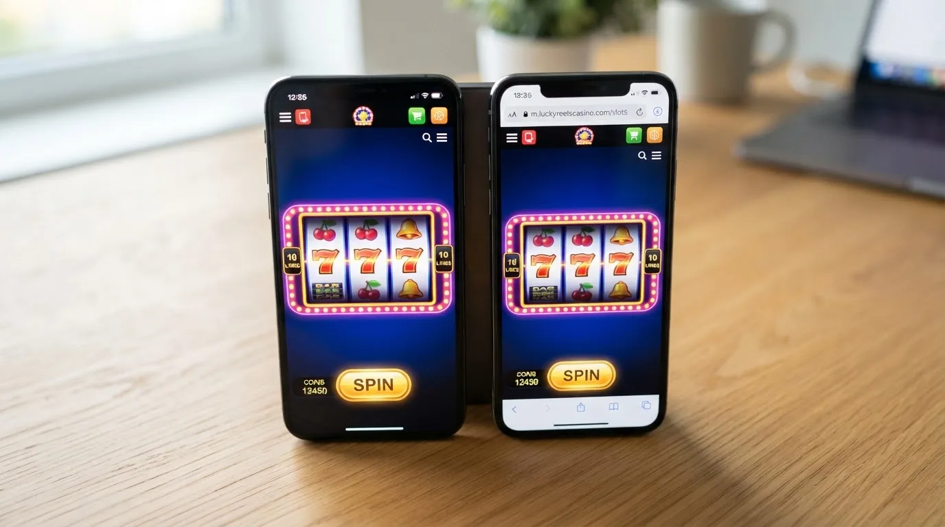 Dva mobilní telefony vedle sebe — jeden s nativní aplikací kasina, druhý s kasinem v prohlížeči
