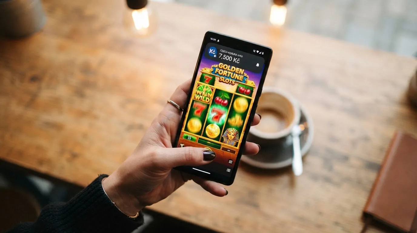 Ruka držící chytrý telefon s otevřenou kasinovou hrou a notifikací Google Pay