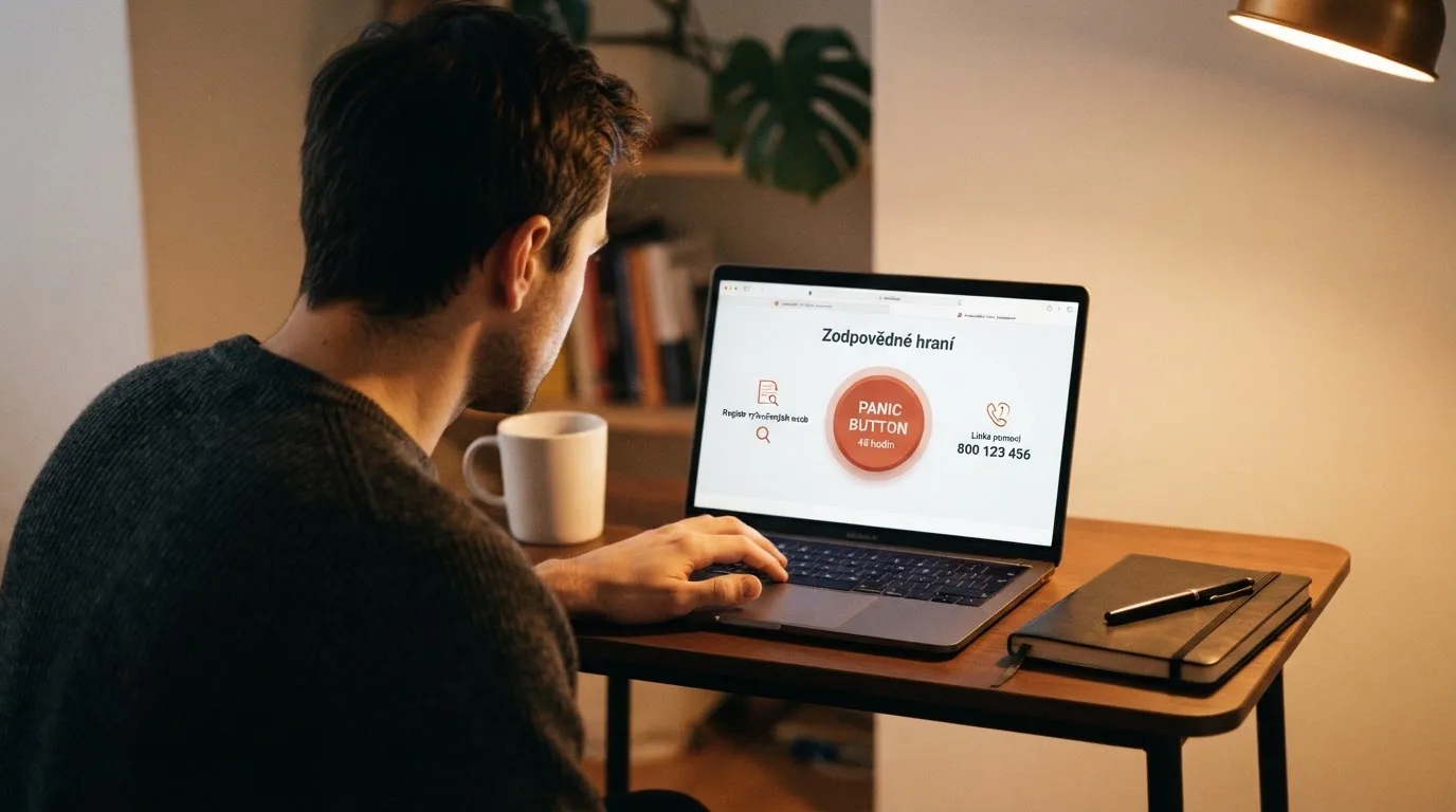 Tlačítko panic button na stránce online casina, vedle ikona Rejstříku vyloučených osob a kontakt na linku pomoci