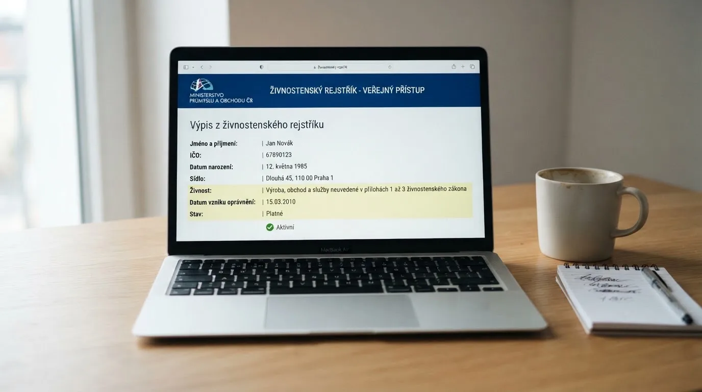Výřez z veřejného registru Ministerstva financí ČR s vyznačenou platnou licencí