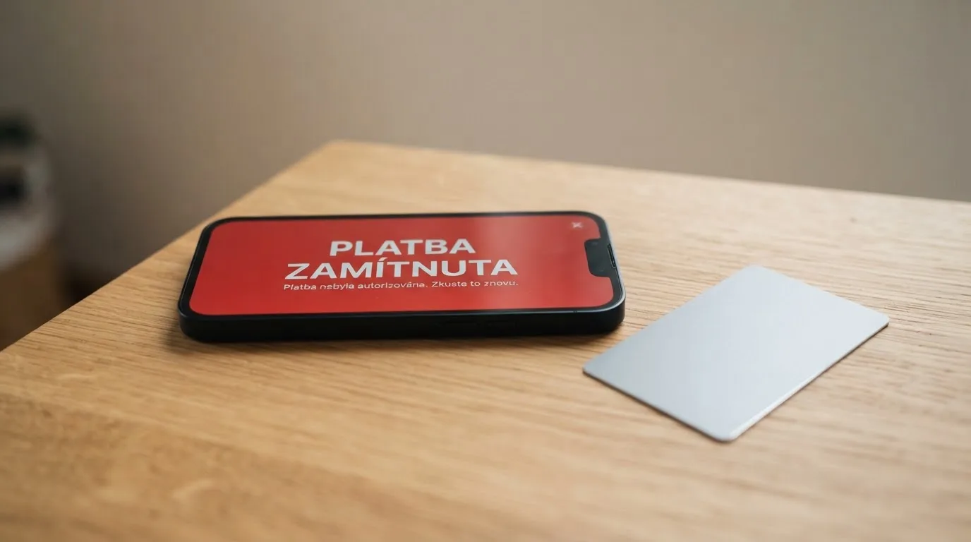 Platební karta ležící vedle chytrého telefonu s obrazovkou odmítnuté transakce do zahraničního casina