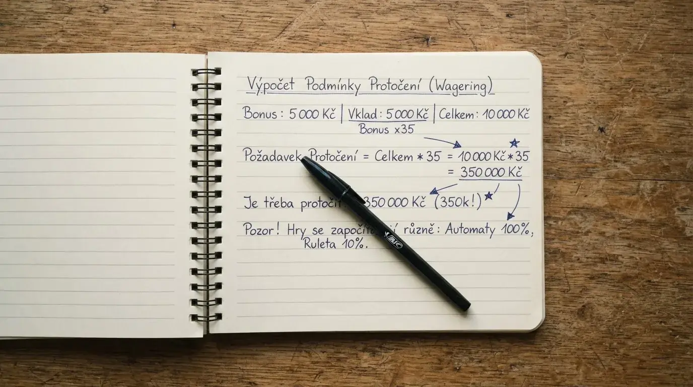 Kalkulačka a poznámkový blok s výpočtem: počet otoček × hodnota spinu × násobek wageringu = desítky tisíc korun v sázkách, než lze vybrat výhru