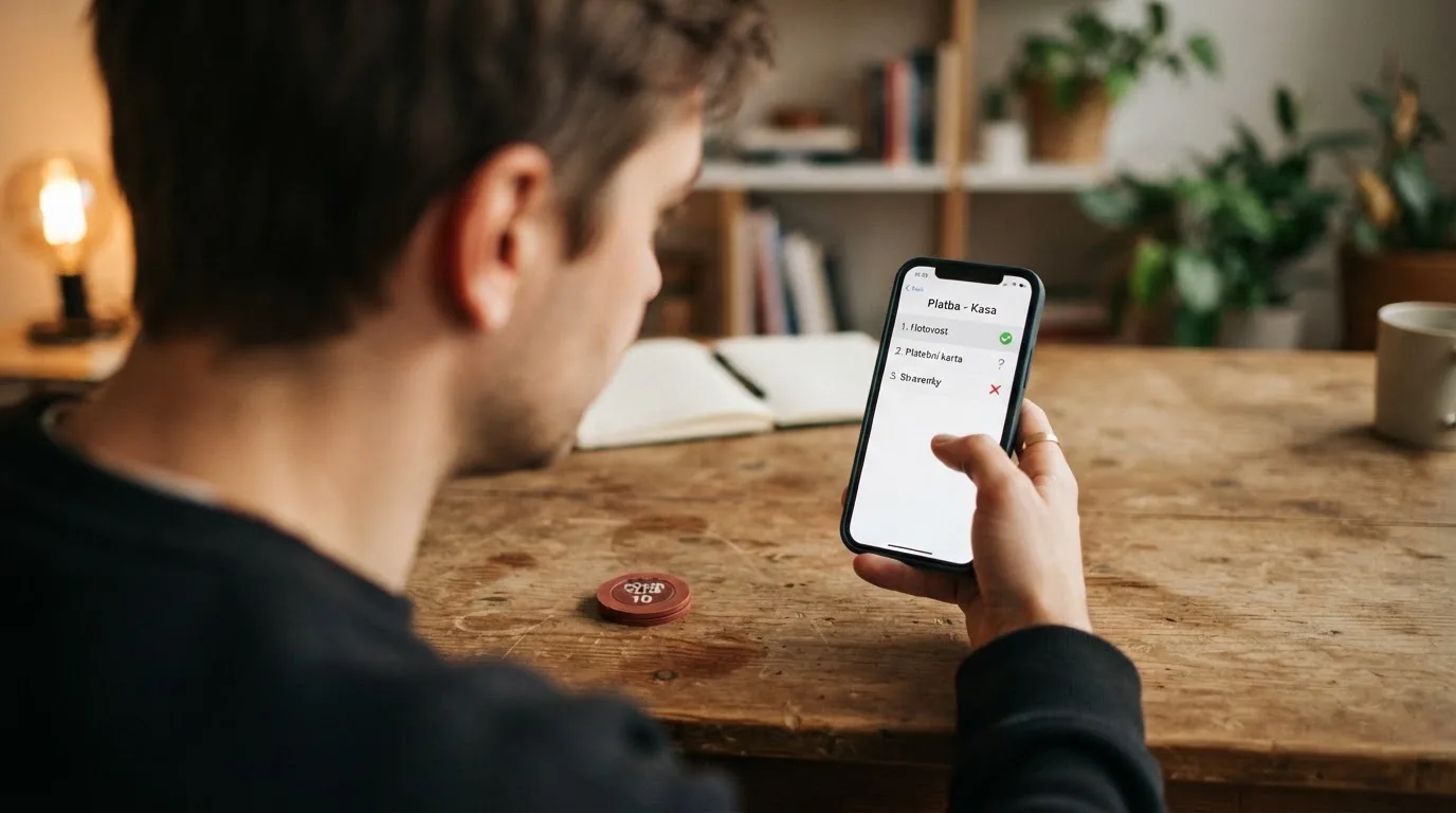 Srovnání loga a názvů deseti prověřených casin seřazených podle podpory SMS vkladu — zelená fajfka u značek s potvrzenou podporou, otazník u nepotvrzených, křížek u Sazky