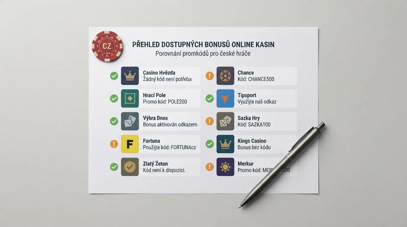 Přehledová tabulka s logy a nabídkami českých licencovaných casin s promo kódy pro stávající hráče