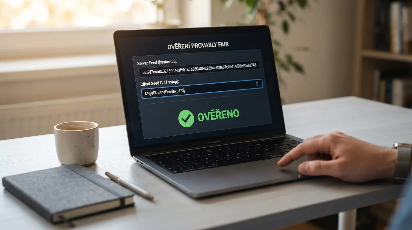 Detail ověřovací obrazovky s veřejným hashem server seedu, polem pro client seed a potvrzením férovosti výsledku hry.