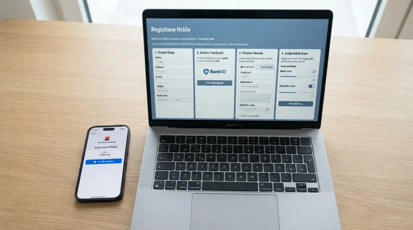 Obrazovka s registračním formulářem online casina, vedle něj ikony BankID, CzechPOINT a panel nastavení herních limitů