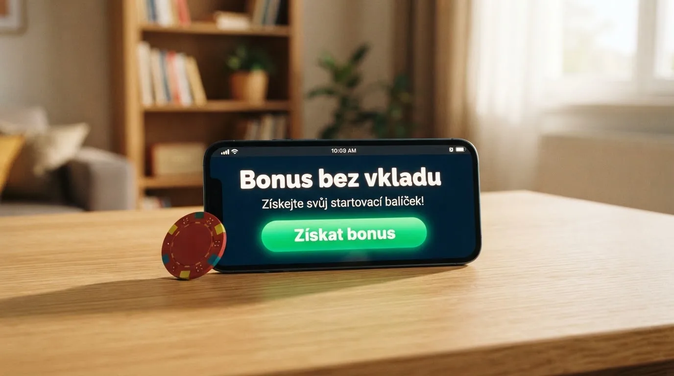 Mobilní telefon s otevřenou registrační stránkou kasina a zvýrazněnou nabídkou bonusu bez vkladu