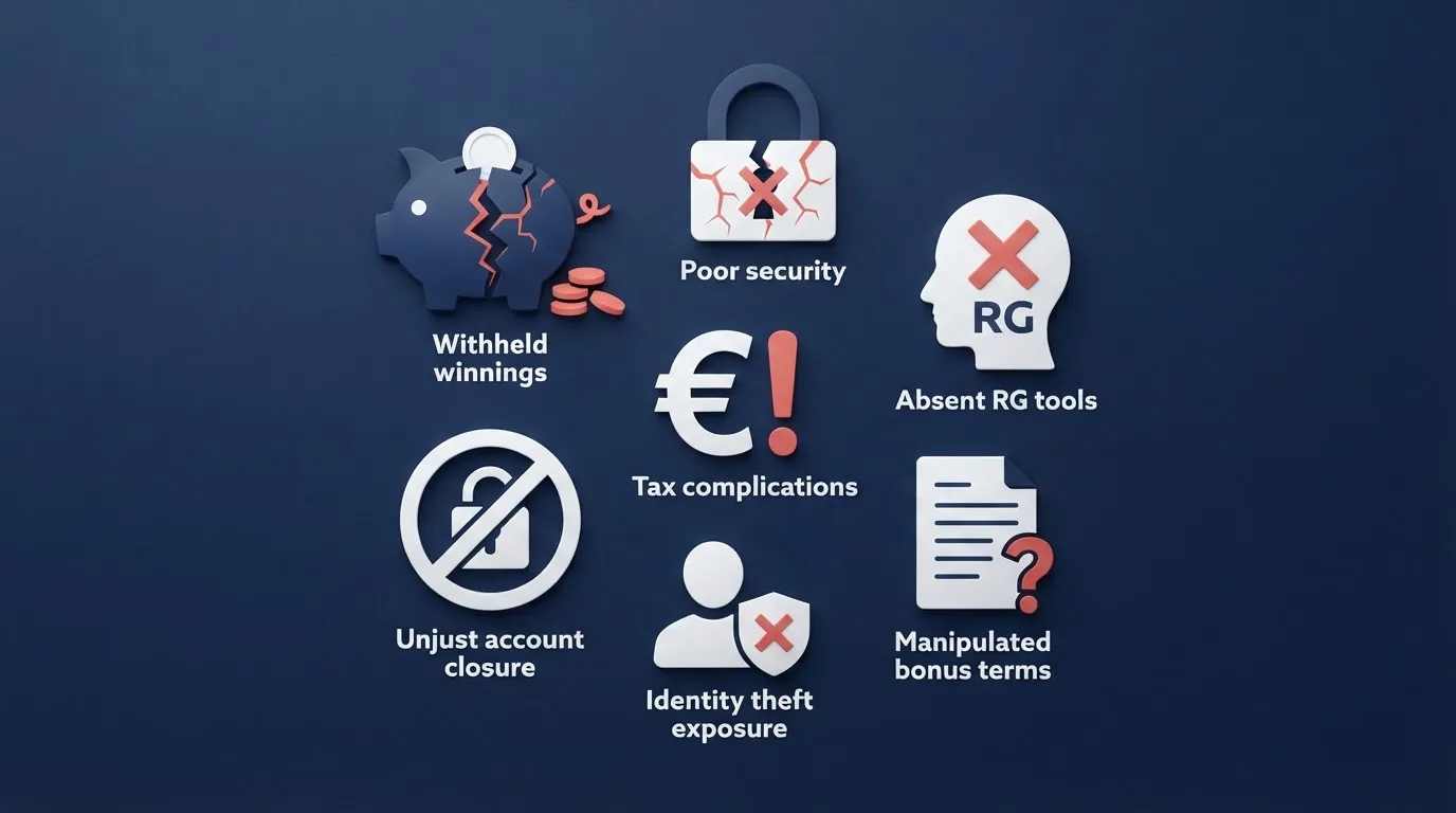 Ikony znázorňující sedm rizik offshore casin — žádná záruka výplaty, žádné RG nástroje, krádež identity