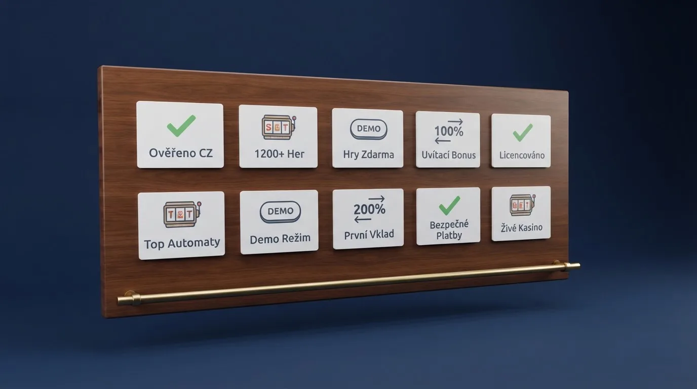Tabulka s logy deseti českých online kasin a ikony znázorňující počet automatů, demo režim a bonusové nabídky