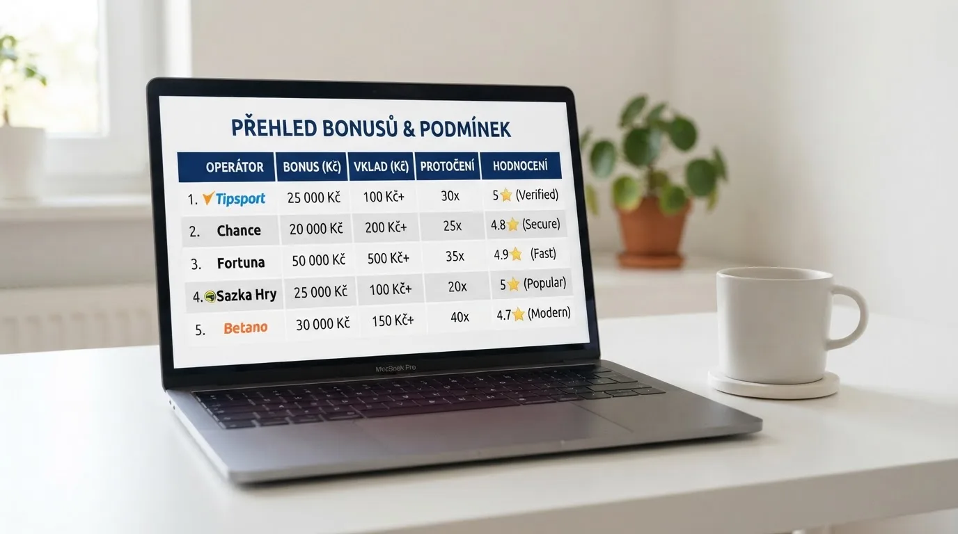 Srovnávací tabulka deseti operátorů na obrazovce — zvýrazněné sloupce s licencí, bonusem a protočením