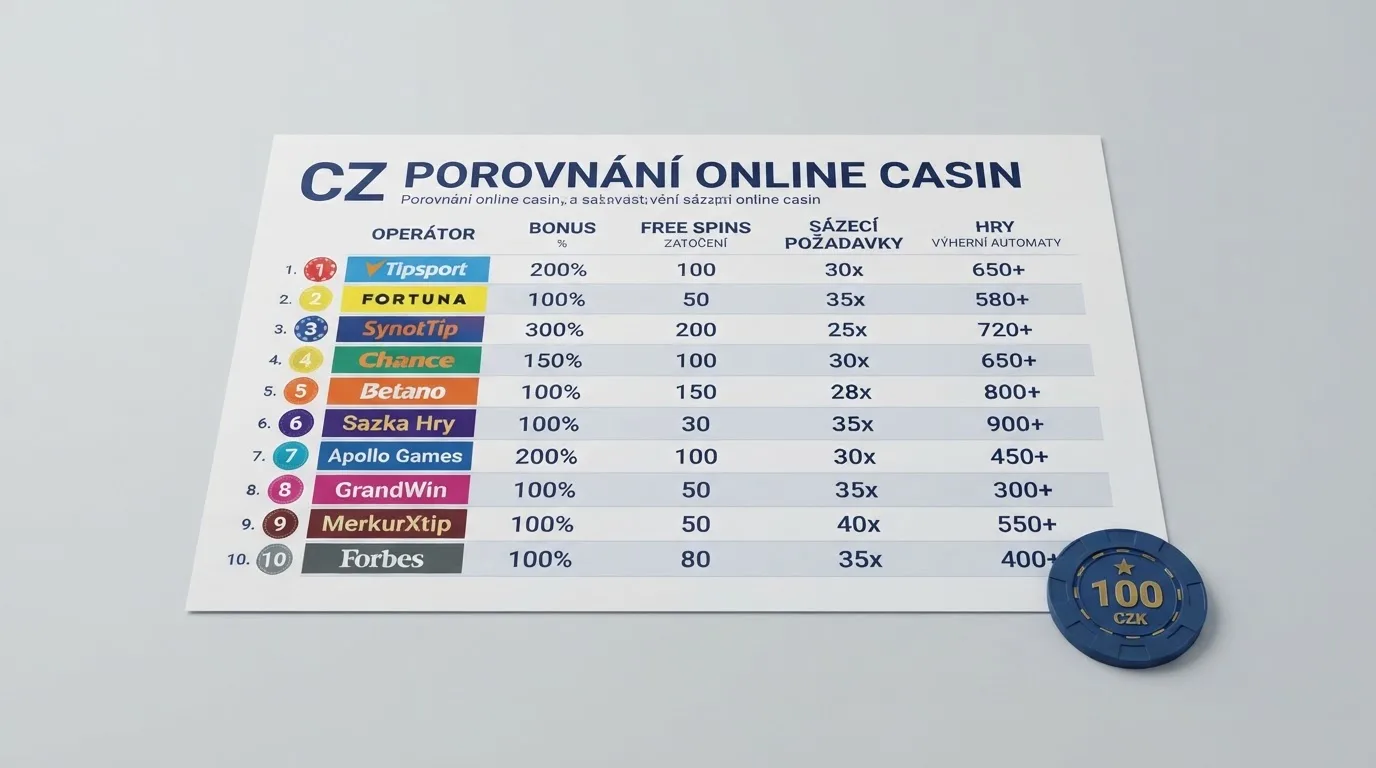 Přehledová tabulka s logy deseti licencovaných českých online casin a jejich klíčovými parametry — výší bonusu, protočením a počtem automatů