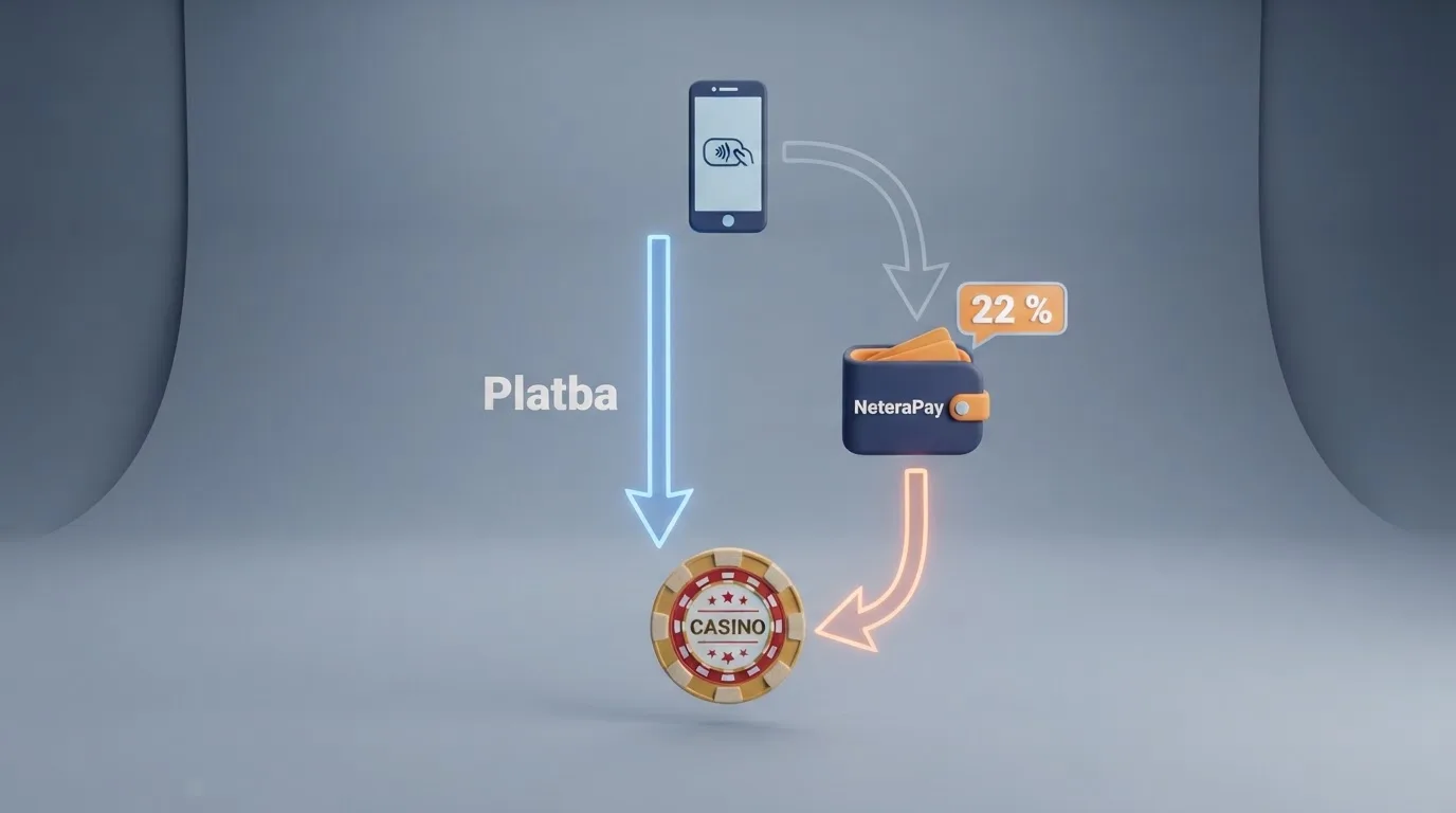 Schéma dvou cest SMS vkladu — nalevo přímá M-platba s jednou šipkou k casinu, napravo delší trasa přes NeteraPay peněženku s vyznačeným 22% poplatkem