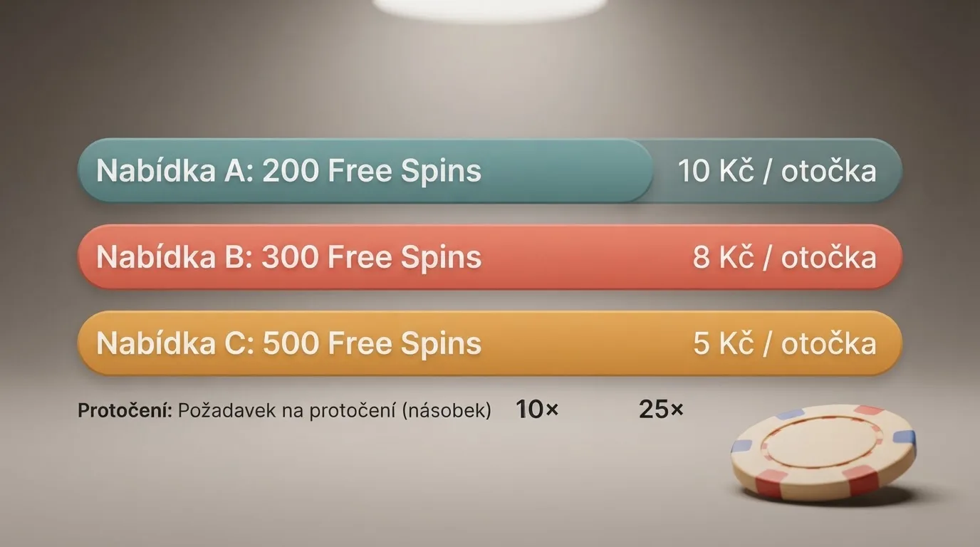 Přehledná vizualizace porovnání počtu free spinů, hodnoty zatočení a podmínek protočení napříč operátory