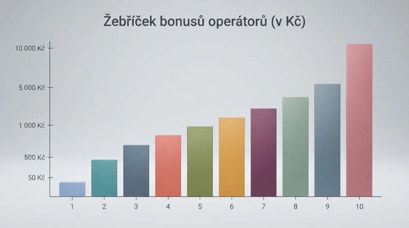 Grafické znázornění deseti operátorů seřazených podle hodnoty narozeninového bonusu od 50 Kč po VIP balíčky nad 10 000 Kč