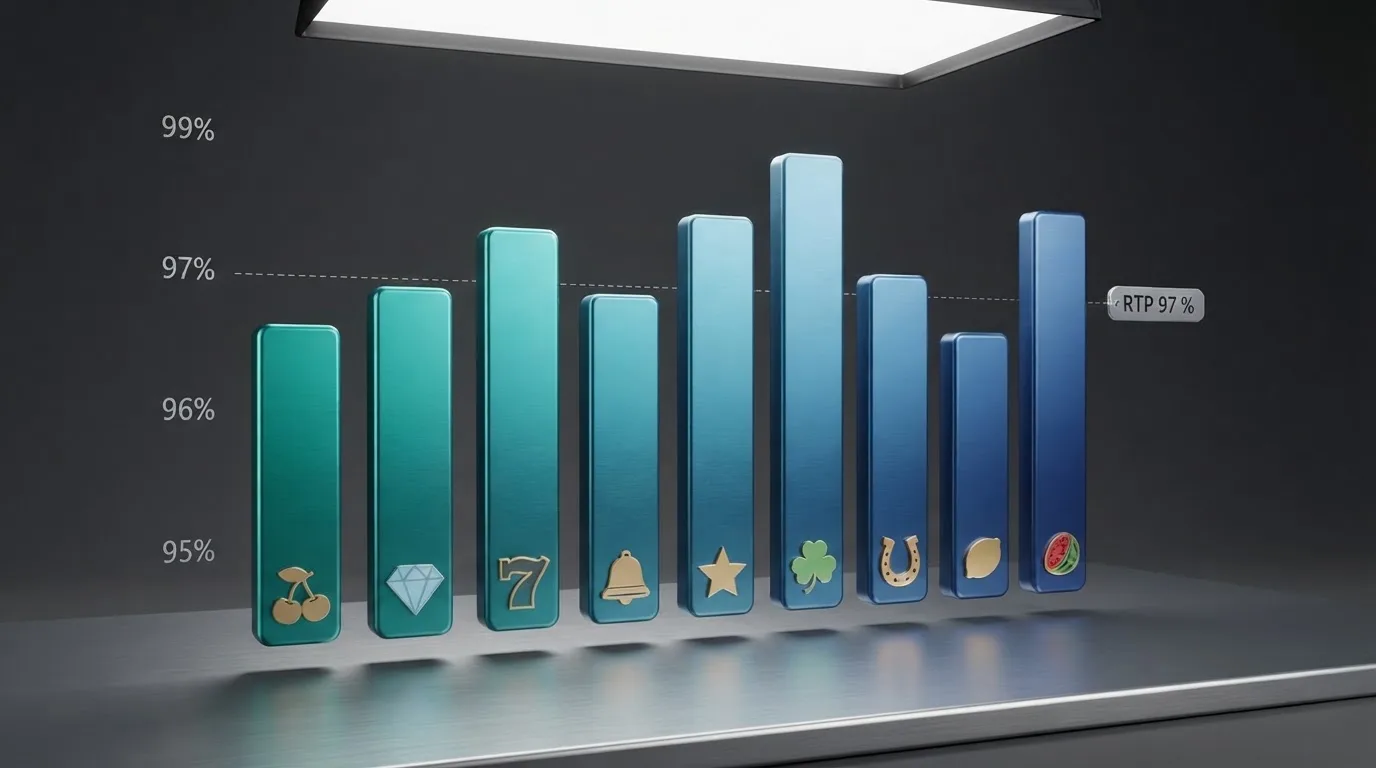 Sloupcový graf porovnávající hodnoty RTP devíti nejvýhernějších online automatů v rozmezí 95 % až 99 %