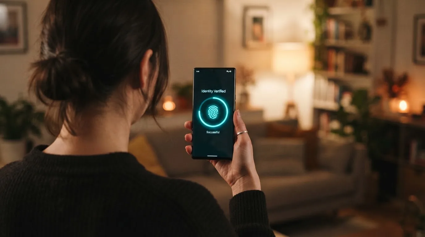 Displej telefonu zobrazující potvrzovací dialog Google Pay s ikonou otisku prstu