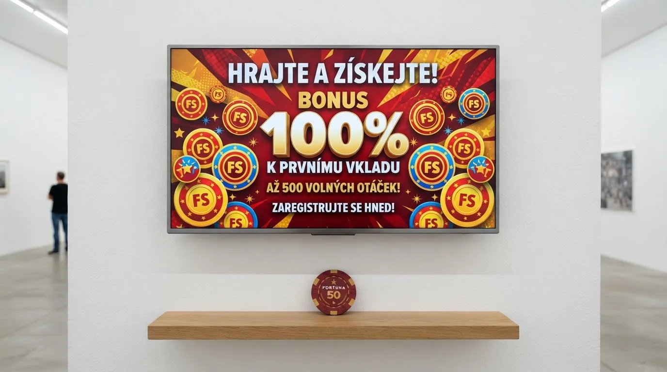 Propagační banner online casina s uvítacím bonusem a ilustrací free spinů