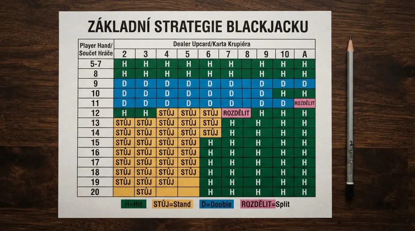 Přehledná tabulka základní strategie blackjacku s barevně odlišenými poli — Hit, Stand, Double Down a Split pro každou kombinaci hráčovy ruky a karty krupiéra